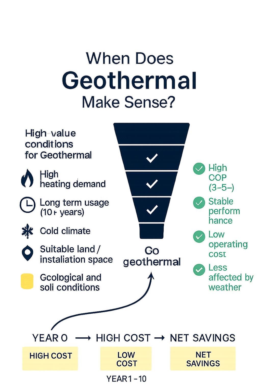 Geothermal heating infographic showing when geothermal systems make sense based on cost, climate, usage, and soil conditions