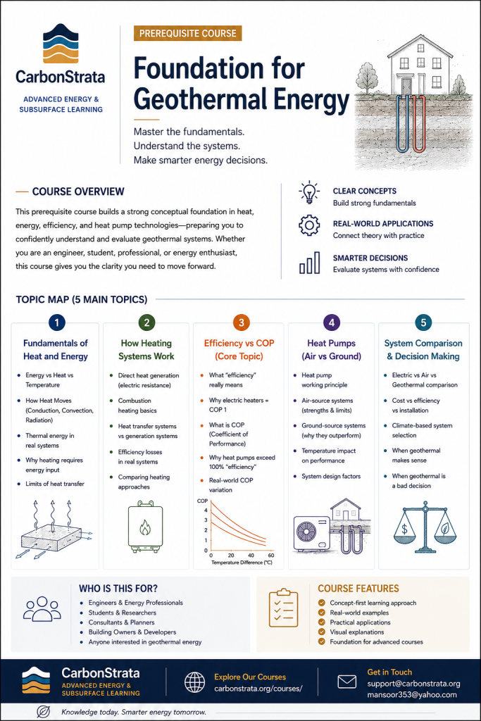 Professional educational poster for the “Foundation for Geothermal Energy” prerequisite course by CarbonStrata, covering heat transfer, heating systems, COP, heat pumps, and geothermal system comparison.
