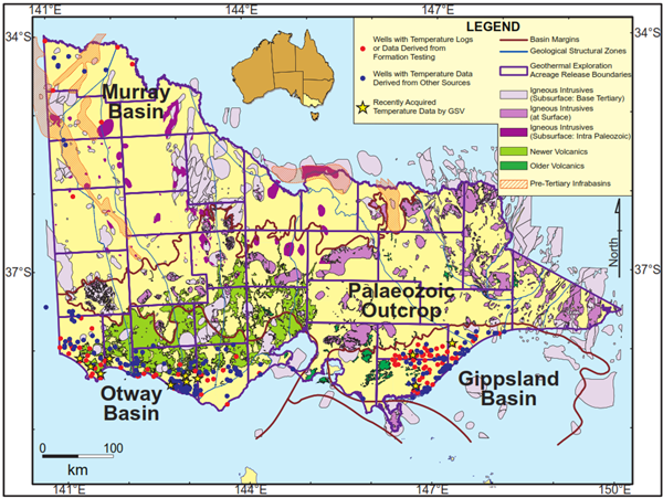 Geothermal Energy in Victoria: Resource Potential, Cost Constraints, and Regulatory Structure Map of Victoria showing geothermal geological elements, including basin boundaries, volcanic regions, and locations of wells and boreholes used for temperature measurements, with data concentrated in Gippsland and Otway basins.
