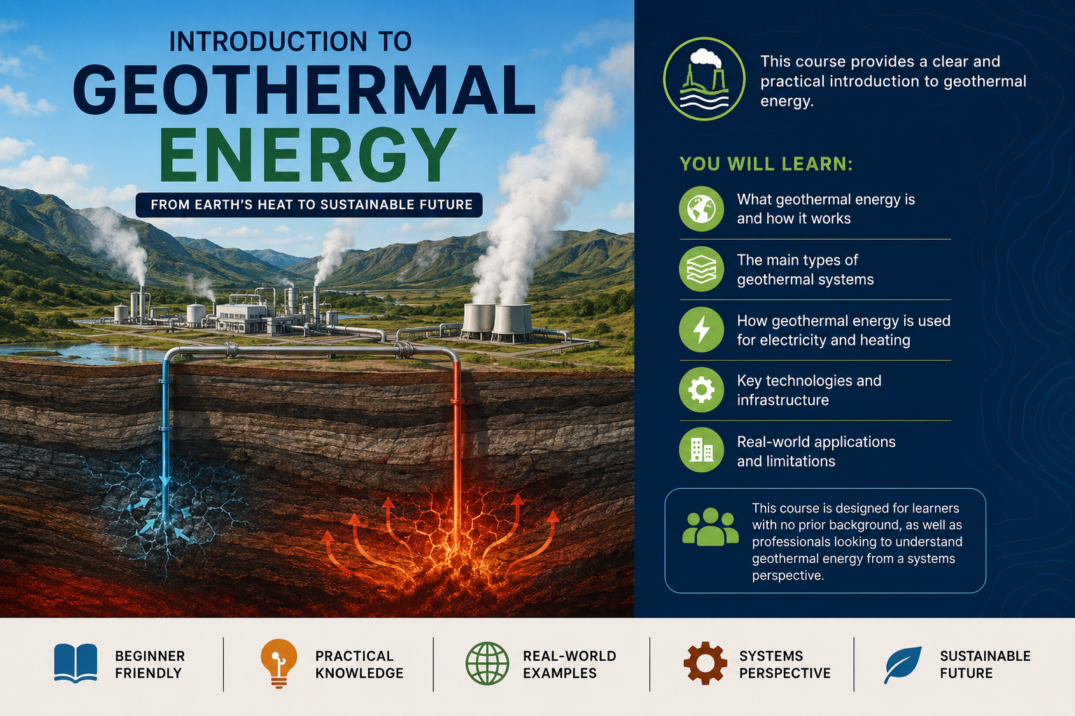 Geothermal energy course overview showing key concepts including heat extraction, reservoir systems, and sustainable energy applications