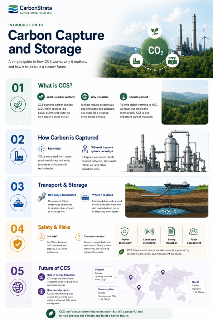 Modern educational infographic webpage for the course “Introduction to Carbon Capture and Storage” by CarbonStrata. The page explains what CCS is, how carbon is captured, how CO₂ is transported and stored underground, safety considerations, and the future role of CCS using simple visuals, icons, and industrial illustrations.