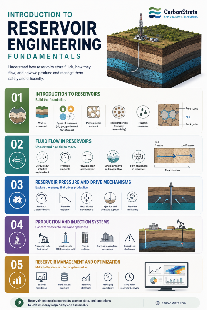 Reservoir Engineering Fundamentals Modern educational infographic for the course “Introduction to Reservoir Engineering Fundamentals” by CarbonStrata. The visual explains reservoir basics, fluid flow, pressure behavior, production and injection systems, and reservoir management using simplified diagrams, icons, and subsurface illustrations designed for beginner-level learners.