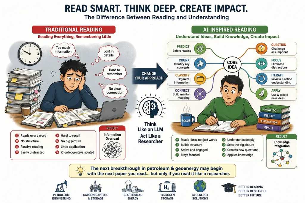 Infographic comparing traditional reading with AI-inspired reading strategies for researchers, showing how prediction, chunking, classification, focus, and application improve understanding of scientific literature.